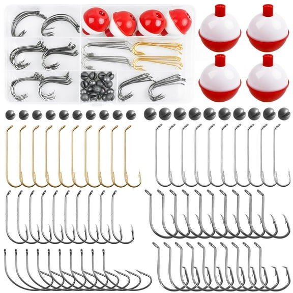 Fishing Bobbers Tackle Kit, 84pcs Basic Fishing Tackle Box Included Fishing Hooks Bobbers Circle Octopus Hooks Sinker Weights Beginners Starter Kit for Trout Catfish Panfish