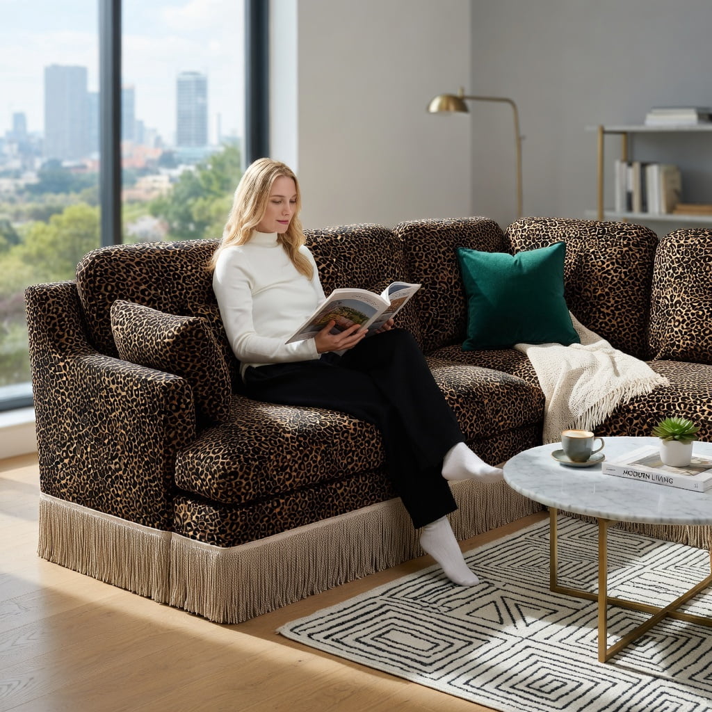 Hommoo 100" Modern Leopard Print Chenille 3-Seat Modular Sectional Sofa with Tassel Trim, Ergonomic Deep Seat & Easy Snap-Together Assembly, Brown