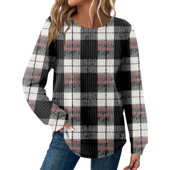 Kixjoy Womens Gray Long Sleeve Tops Oversized Fashion Crewneck Tunic Top Striped Waffle Knit Loose Fit Shirts Casual Winter Clothing for Women, Gray S