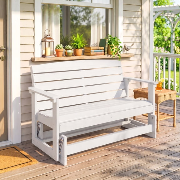 Outsunny 2-Person Outdoor Glider Bench Patio Double Swing Rocking Chair Loveseat w/ Slatted HDPE Frame for Backyard Garden Porch, Light White