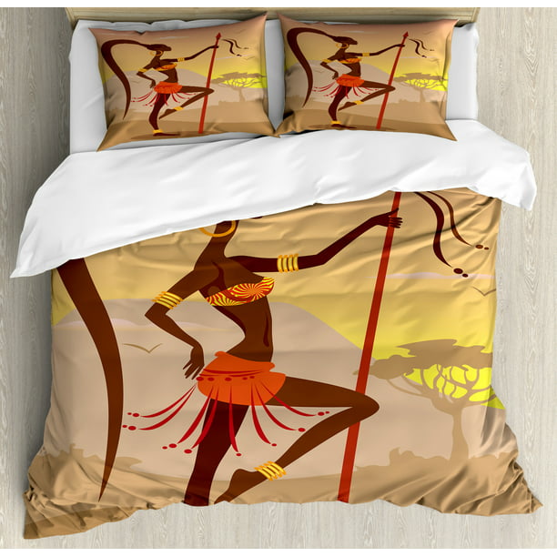 African Duvet Cover Set King Size, Savannah Lady Like Amazon Girl Standing  for Hunt Safari Style Retro Folk Print, Decorative 3 Piece Bedding Set with  2 Pillow Shams, Brown Cocoa, by Ambesonne -
