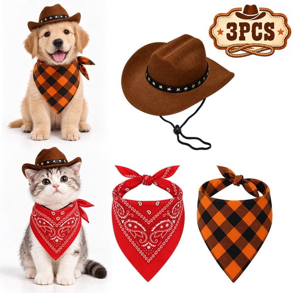 Dog Cowboy Costume Set, 3-Piece Pet Cowboy Hat with Paisley and Plaid Bandanas, Western Halloween Party Photo Props for Small Medium Dogs and Cats, Brown Hat, Size S