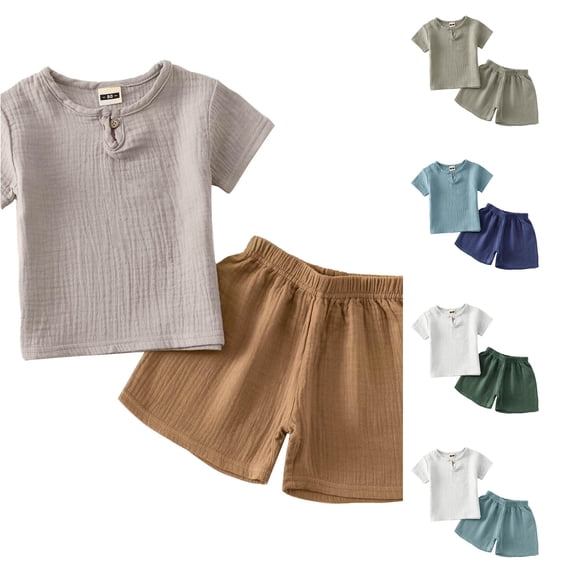 Toddler Boys Summer 2-Piece Outfit Children's Cute Button Short Sleeve T Shirt and Shorts Thin Sets Size 18-24 Months ,Brown