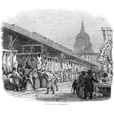English Christmas Market Breaks Christmas In London 1845 NNewgate Market On Christmas Eve Wood Engraving English 1845 Rolled Canvas Art - (24 x 36) ()