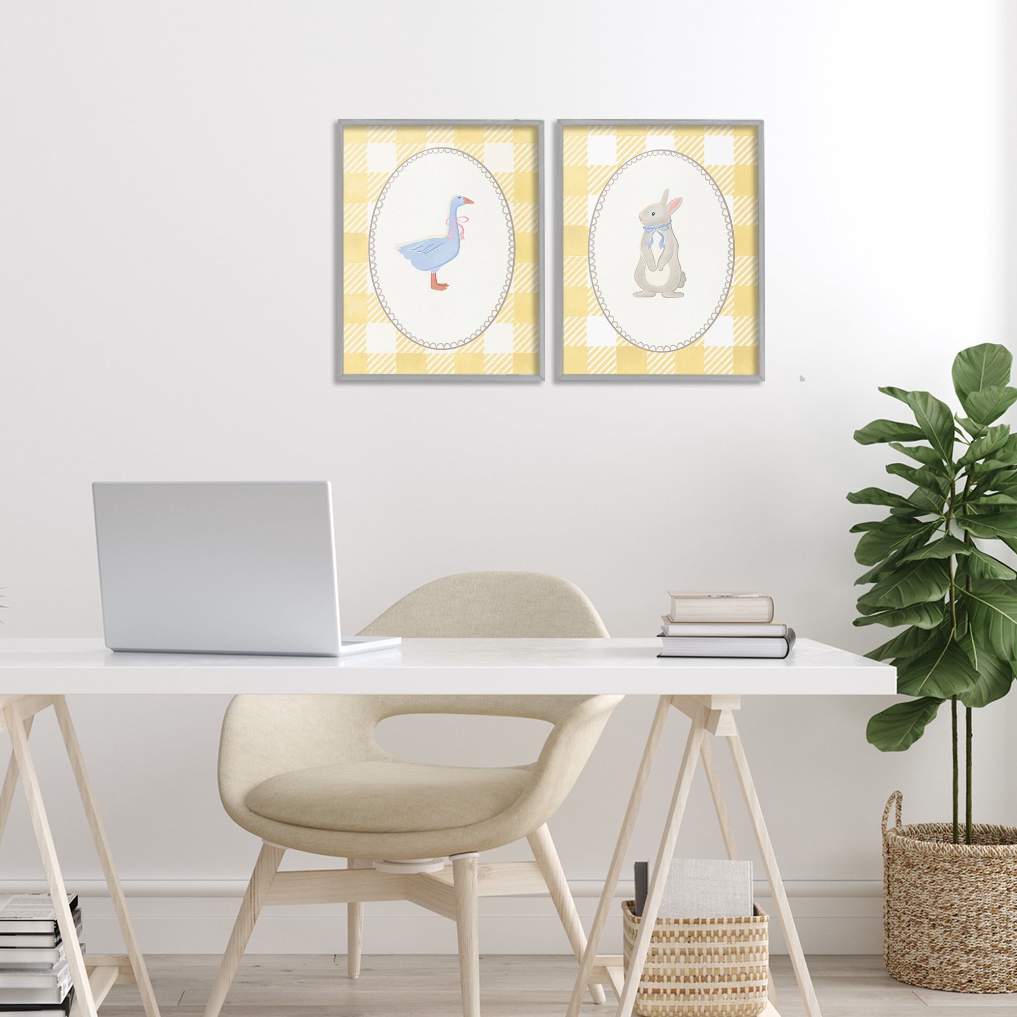 Stupell Industries Goose & Bunny Yellow Gingham 2 Piece Gray Framed Giclee Art Set, design by The Paper Curator