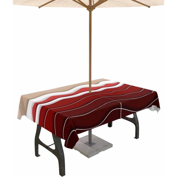 Outdoor Tablecloth with Umbrella Hole and Zipper 60 x 120 Inch Abstract Red Gradient Waves Table Cover for Rectangular Tables Waterproof Tabletop Collection for Patio Garden Picnic Camping