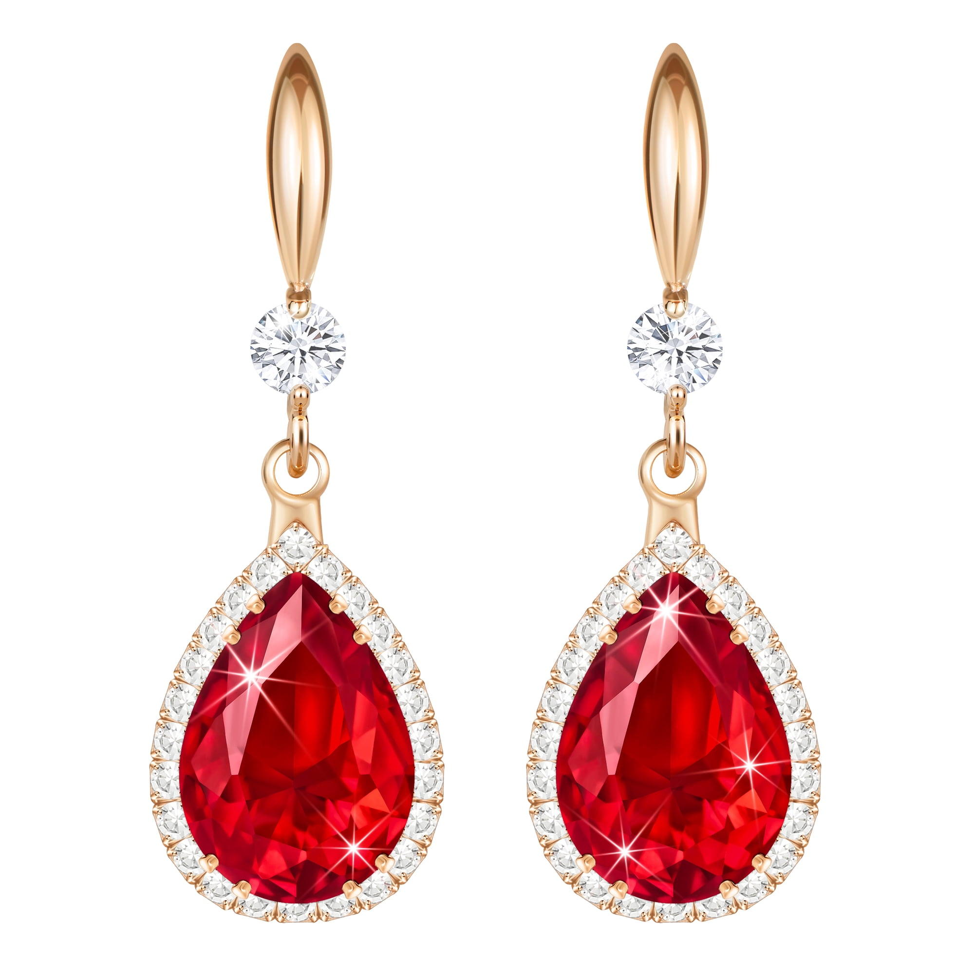 Linawe Red Dangle Earrings for Women Rose Gold, Ruby Imitation Diamond Wedding Drop Earrings, Rhinestone Cubic Zirconia Crystal Earrings Set, Teardrop Birthstone Jewelry