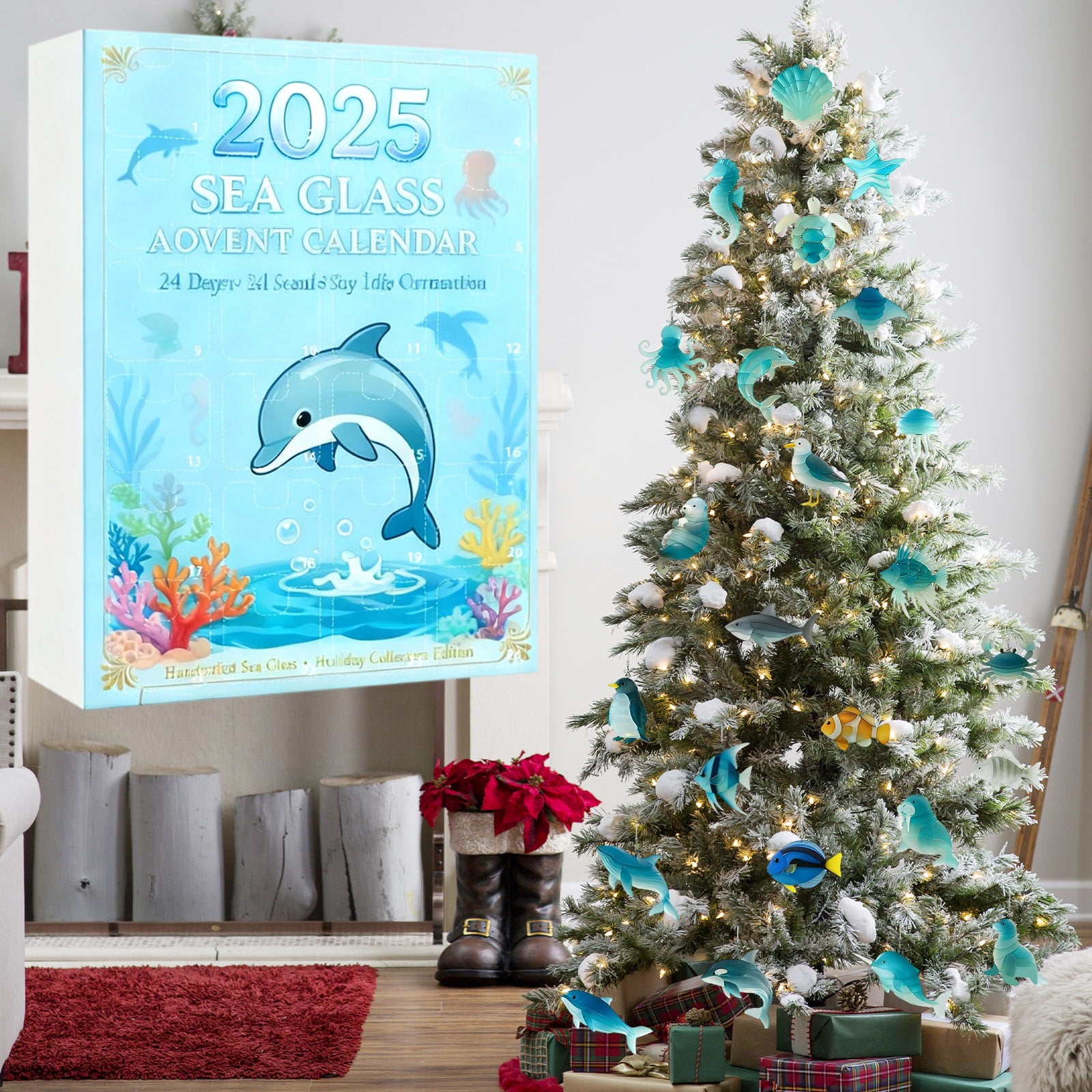 Lunxisen 1 Pcs Sea Glass Life Advent Calendar Christmas Countdown Calendar With Realistic Animals Decoration.