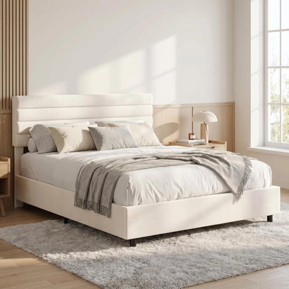 Queen Size Bed Frame with 4 Drawers, Upholstered Velvet Platform Bed with Height Adjustable Headboard, Wooden Slats Support, No Box Spring Needed, Easy Assembly, White