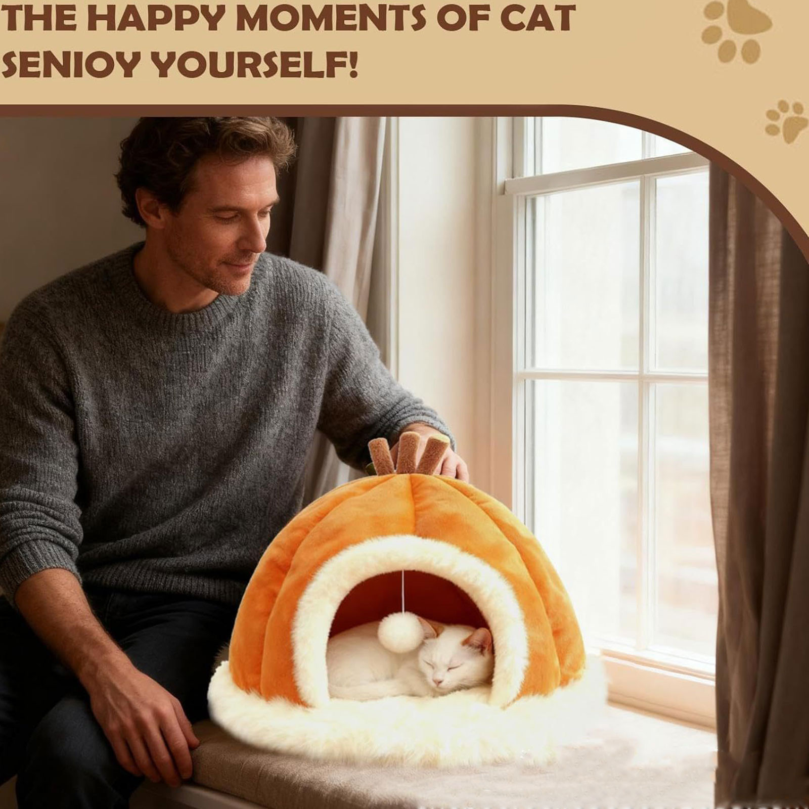 Neutral Upgraded Calming Pet Bed - Fluffy Plush Anti-Anxiety Cuddler Bed for Cats & Dogs, Warm Winter Snuggle Bed with Removable Cushion