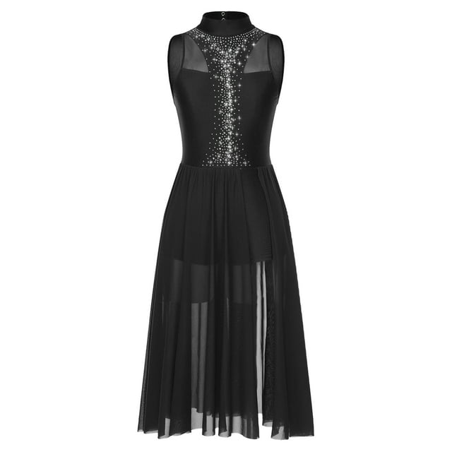 inlzdz Robe de Danse Femme Brillante avec Strass Sans Manches Costume de Performance de Danse Dos Trou de Serrure Maxi Robe Noire TG