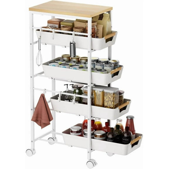 5-Tier Slim Storage Cart, Wooden Top Rolling Kitchen Cart with Pull-Out Baskets & Wheels, Narrow Space Utility Cart Slide Out Organizer for Kitchen, Bathroom, Laundry Room, White