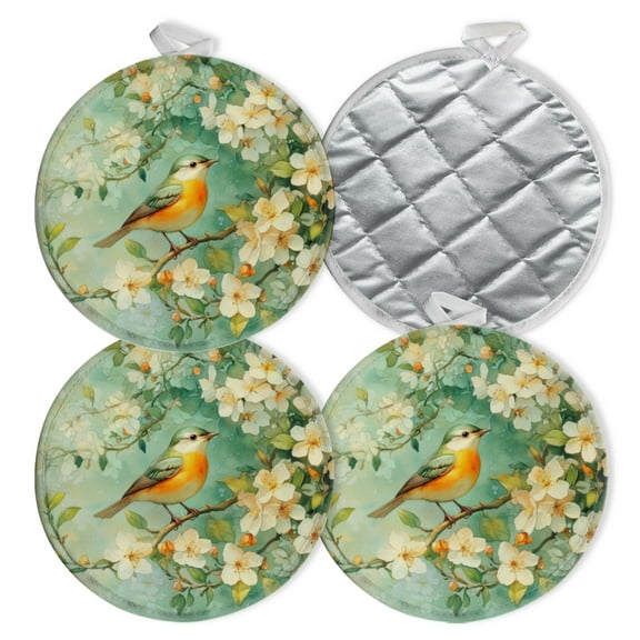 4 PCS Pot Holders for Kitchen,Potholders Sets with Hook for Oven,Cooking,Baking,Bird In Garden Of White Flowers
