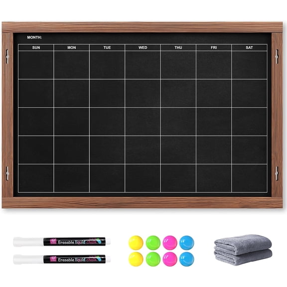 24"x16" Chalkboard Calendar for Wall with Double‑Sided Magnetic | Wooden Frame, 2 Markers, 8 Magnets, Hardware. Dual‑Sided: Chalkboard Calendar and Blackboard, for Kitchen Office Home School