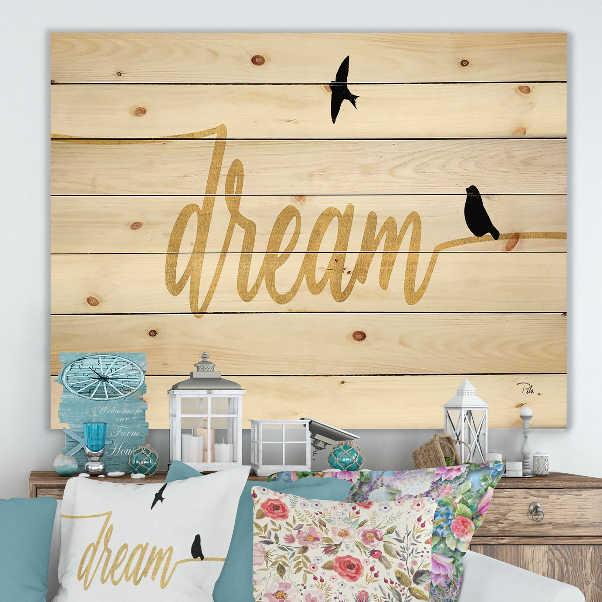 Designart 'Family of Birds on Gold Dream Word' Cottage Print on Natural Pine Wood