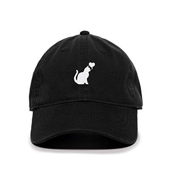 Cat with Heart Baseball Cap Embroidered Cotton Adjustable Dad Hat Black