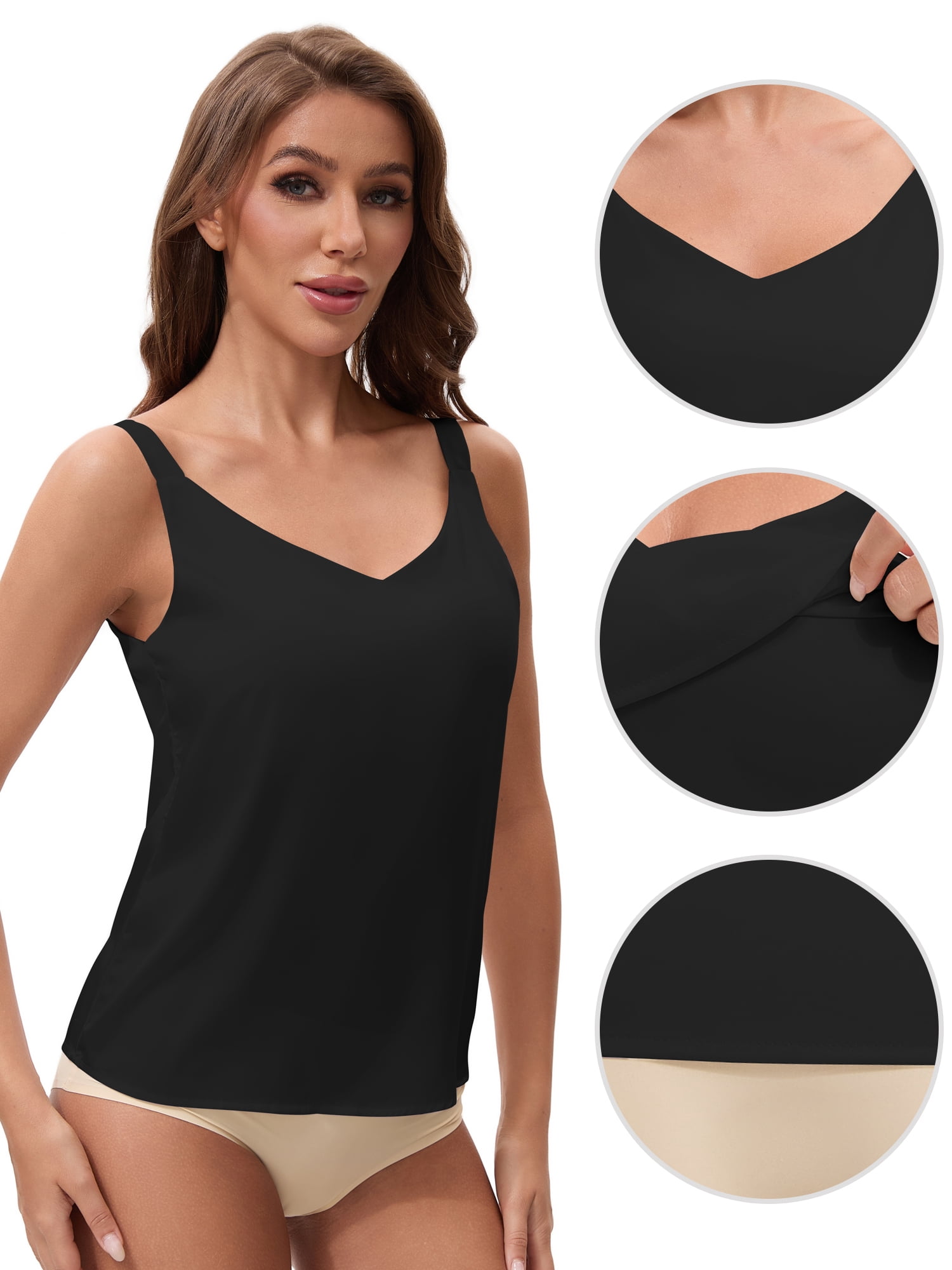 Unique Bargains Women's V Neck Wide Strap Loose Fit Camisoles S Black Y2