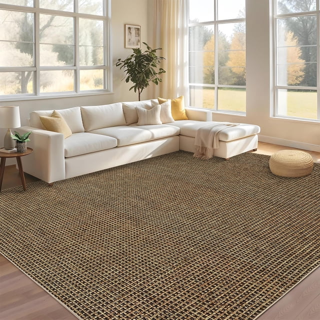 Washable Area Rug 8'x10' Rugs for Living Room, Soft Ultra Thin Dining Room Rugs Bedroom Rug, Boho Waffle Print Large Indoor Rugs Floor Carpet for Living Room Bedroom Nursery, Brown