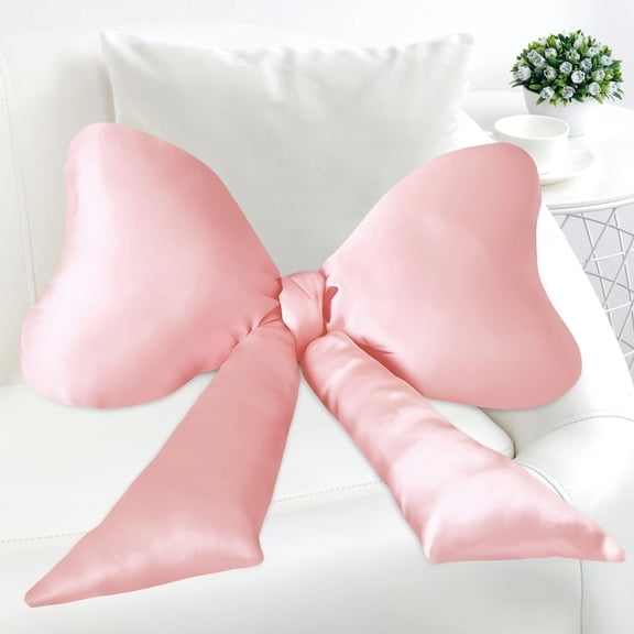 Large Pink Satin Bow Throw Pillow – 23.6" Decorative Neck Support Cushion, Soft & Breathable, Coquette Room Decor for Bed, Couch & Living Room