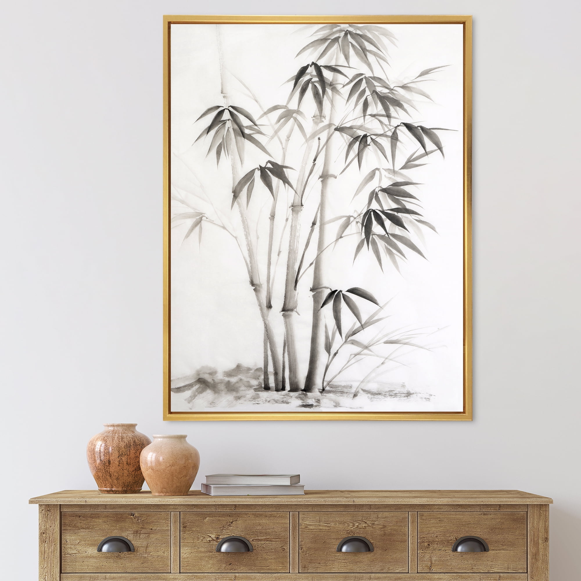 Designart 'Vintage Black and White Bamboo II' Traditional Framed Canvas Wall Art Print