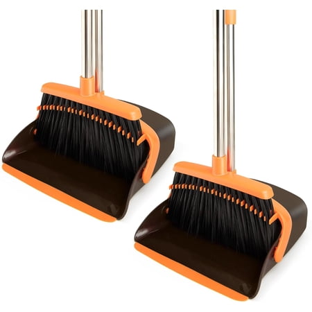 2-Pack Broom and Dustpan Combo Set, Long Handle, Brown Orange | Standing Dustpan, Heavy Dust,House Accessories for Home, Kitchen, Office, Pet Hair