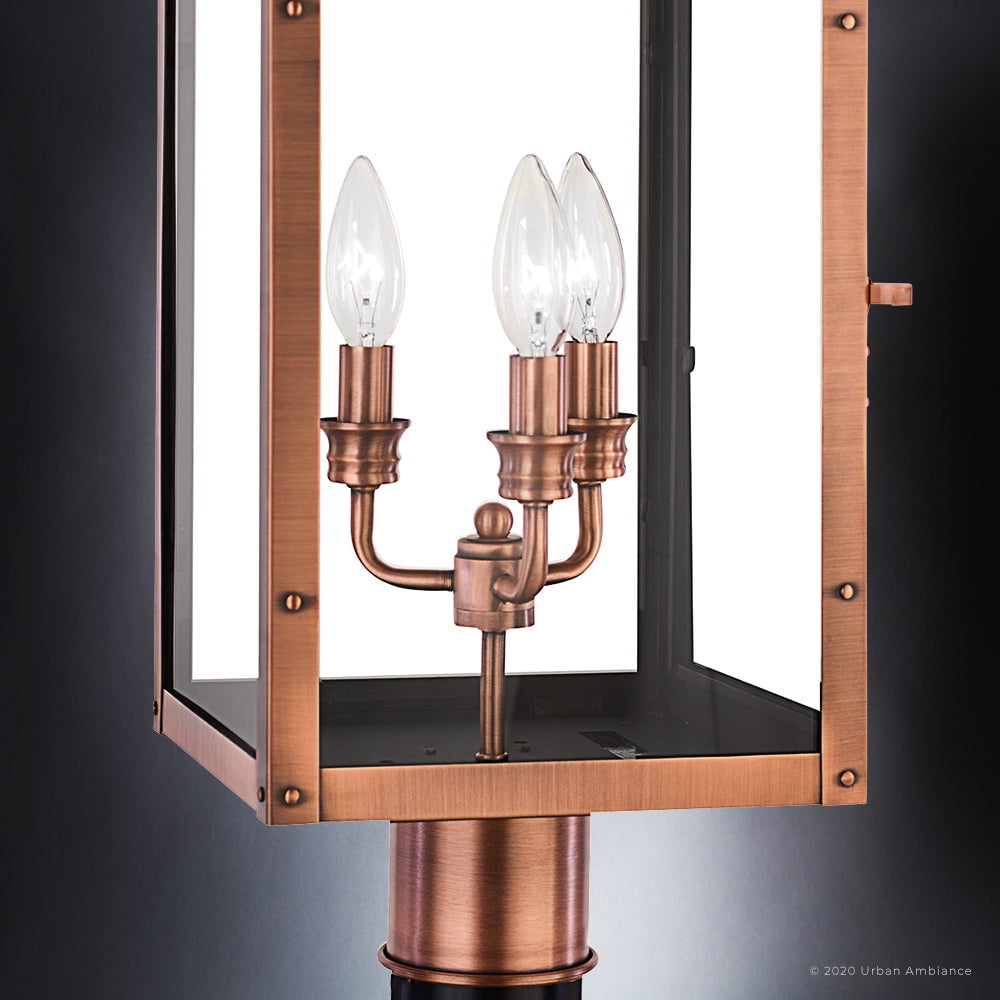 Luxury Antique Outdoor Post Light, 26.00''H x 12.00''W, with French Country Style Elements, Old World Design, Rustic Copper Finish and Clear Glass, UQL1410