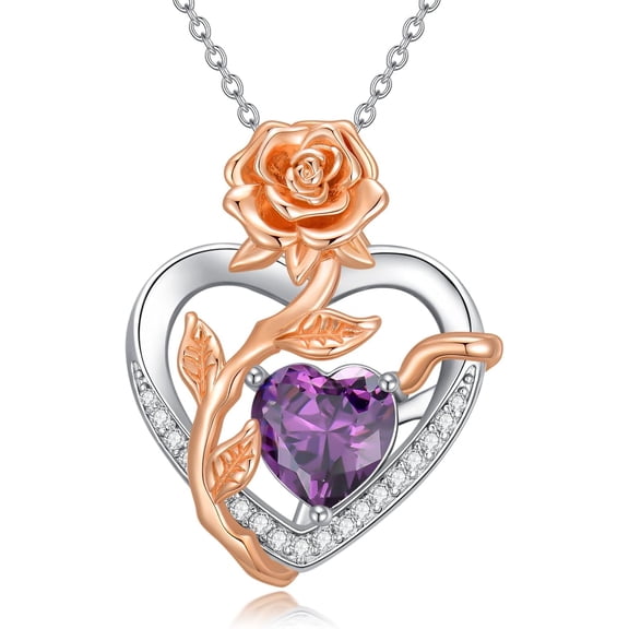 JKR Birthstone Necklace for Women 925 Sterling Silver Rose Flower Heart Pendant Necklaces Anniversary Jewelry Birthday Christmas Gifts for Her Wife Girlfriend