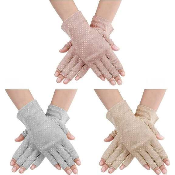 Trinyaa Women's Sunblock Fingerless Non Slip Summer Gloves, Khaki Leather Pink, 3-Pack