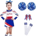 thumbnail image 1 of Long Sleeves Blue Girl Cheerleading Costume Uniform Kids Women Cheerleader Dance Outfit Round Neckline Patchwork Style Pompoms, 1 of 3