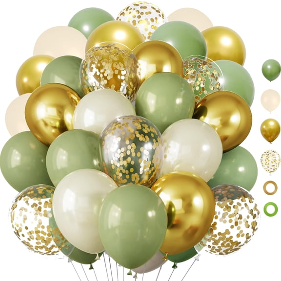 Green Gold Sand White Balloons, 65 Pcs 12 Inches Sage Green Metallic Gold Confetti Balloons for Birthday, Wedding, Baby Bridal Shower, Graduation Party Decorations