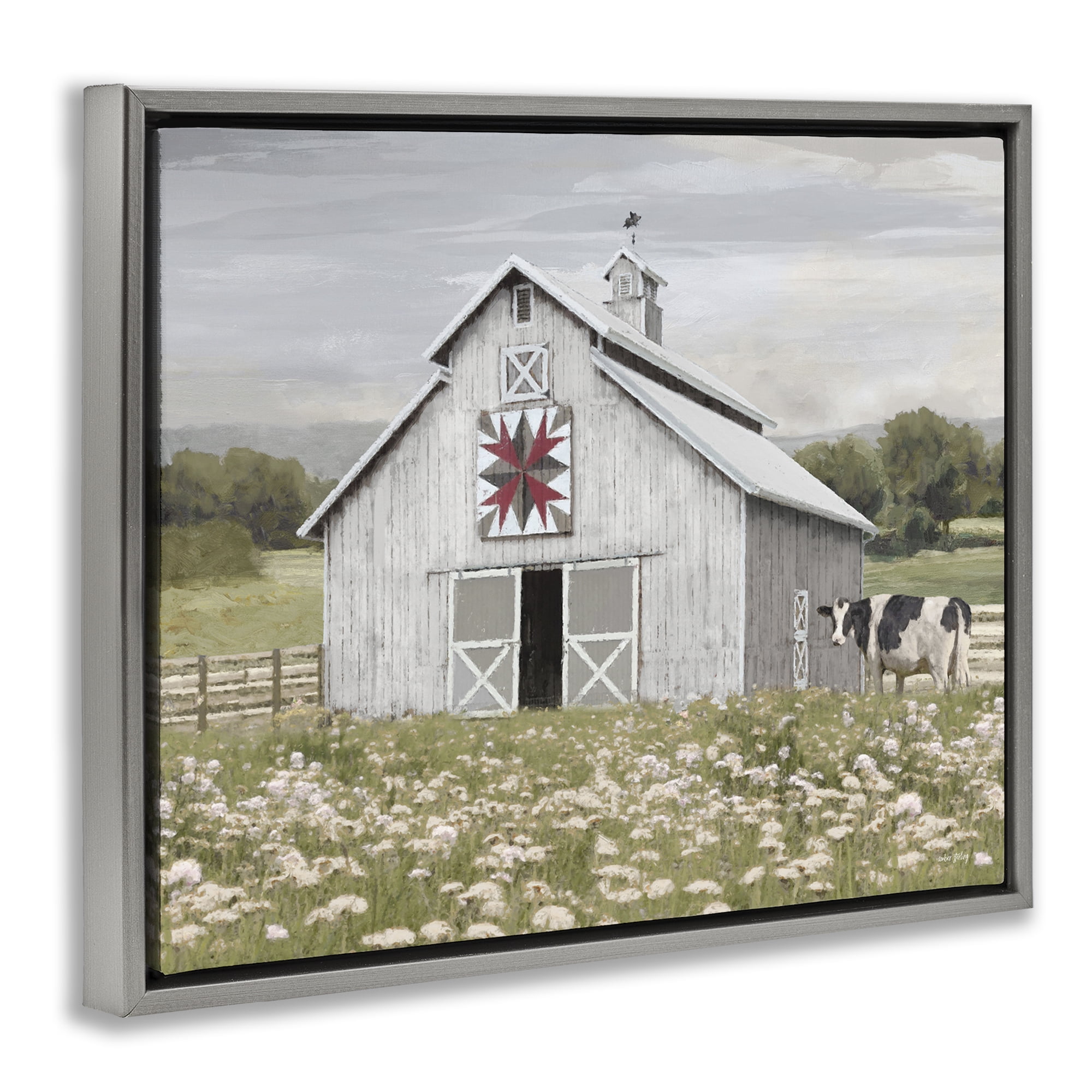 Stupell Industries Rustic Barn Meadow Landscape & Nature Painting Gray Floater Framed Canvas Art Print Wall Art, 21 x 17