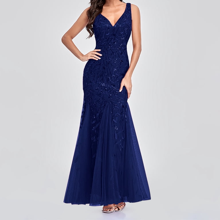 Fesfesfes Evening Gowns for Women Slim Fit Formal Sequins Long Dress Casual Mesh Patchwork V Neck Sleeveless Dress Elegant Bodycon Party Dress