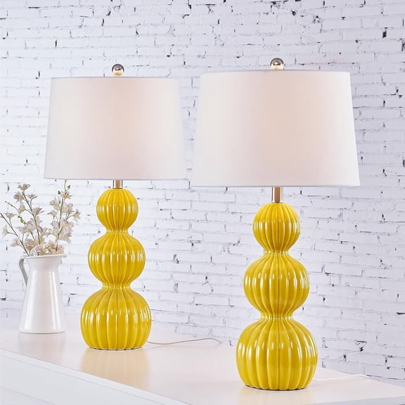 28 Inch Ceramic Table Lamps Set of 2, Modern Triple Gourd Bedside Lamps, 3-Way Dimmable Yellow Nightstand Lamp with White Drum Shade