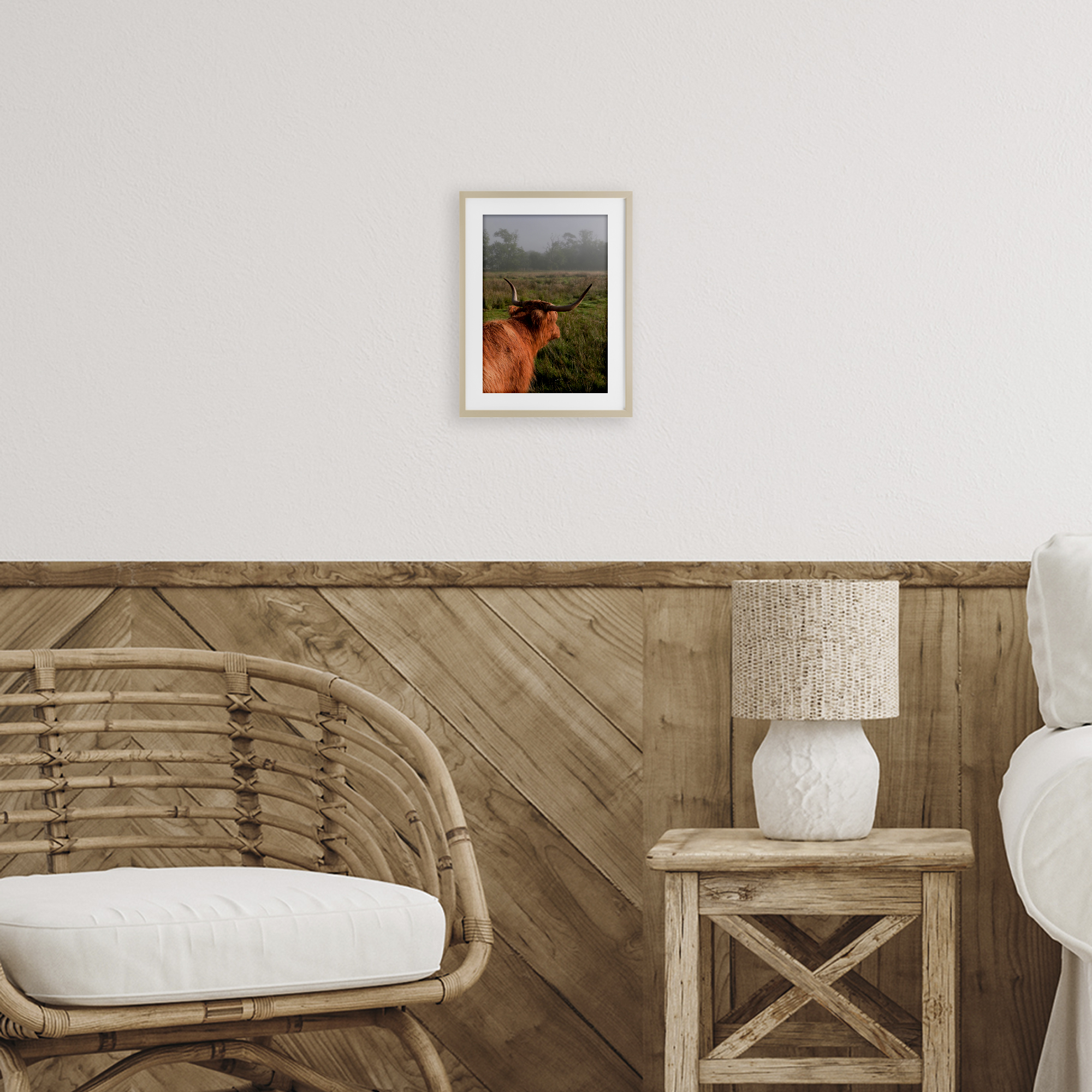 Highland Cow Gazing Out Birch Framed Print Under Glass, design by Jenny Rainbow Fine Art
