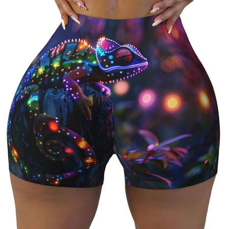 Workout Shorts Women  Glowing Chameleon Fantasy Art Biker Shorts for Women Running Gym Spandex Shorts Tummy Control