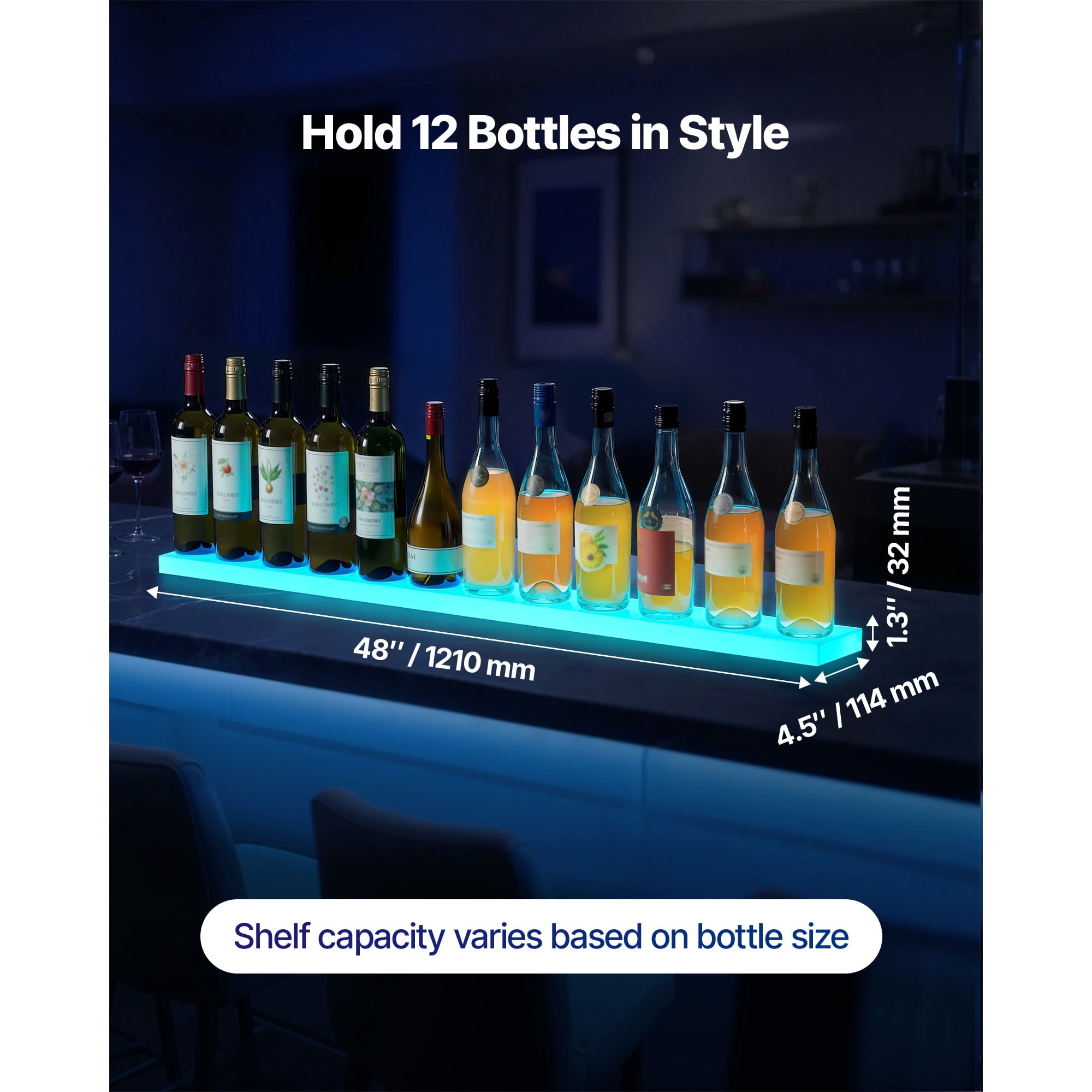 KFFKFF LED Lighted Liquor Bottle Display, 1-Tier 48-Inch Whiskey Rack with USB Support, Illuminated Bar Shelf with RF Remote & App Control, 7 Static Colors, Acrylic Shelf for 12 Bottles