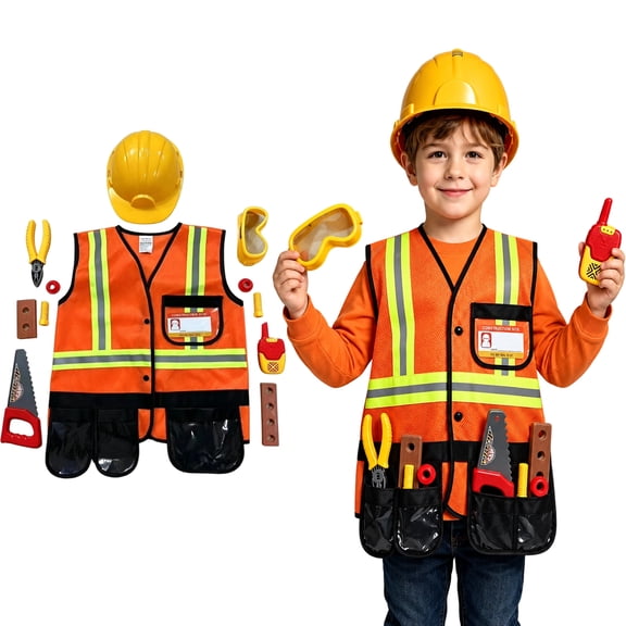 Gaexia Toddler Construction Outfit Kids Engineer Vest Hard Hat Tool Belt Reflective Stripe Career Theme Dress Up Set