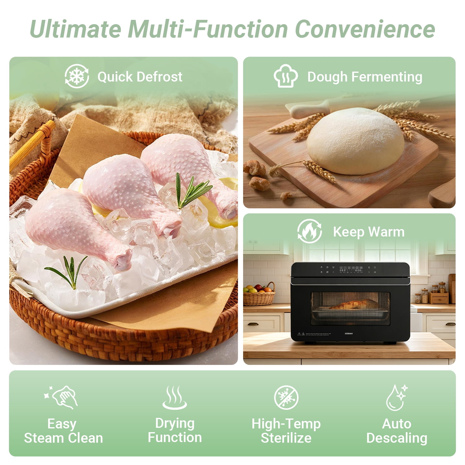 ROBAM R-BOX Combi Steam Oven, 23QT Countertop Steam Oven & Air Fryer Combo, 3 Steam Modes, Professional Steam-Bake, Air Fry, Dehydrate & Ferment, Rapid Heating & Self-Cleaning, Green