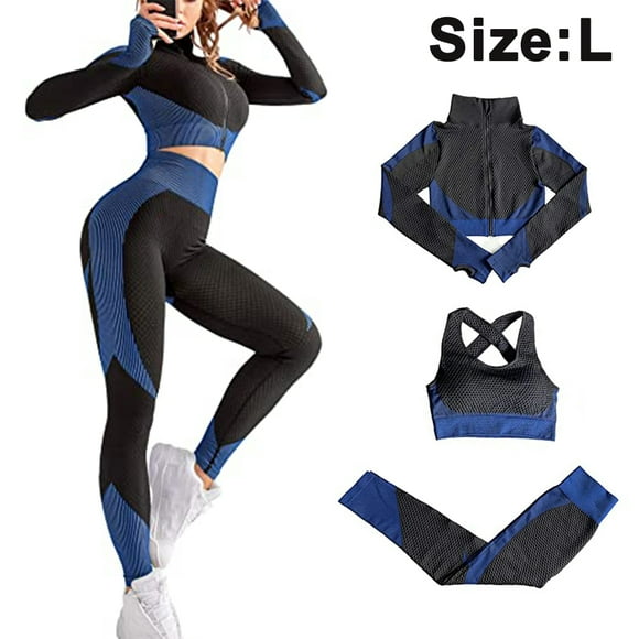 Women's Workout Outfit 3 Pieces Tracksuit-Seamless Hip lift Yoga Leggings and Stretch Sports Bra Gym Clothes Set