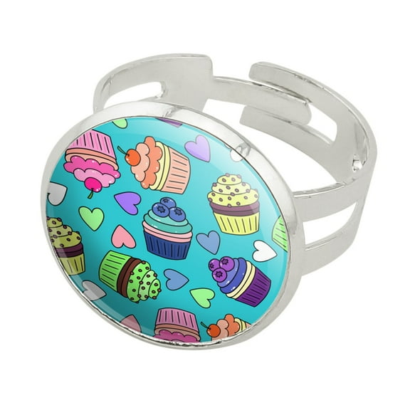 Colorful Cupcakes Pattern Silver Plated Adjustable Novelty Ring