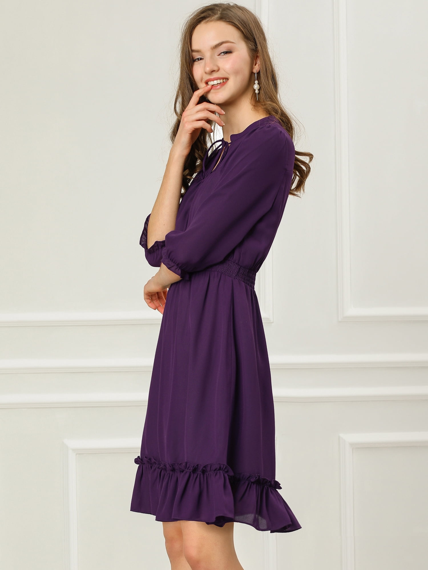 DARING DIVA Tie V Neck Chiffon 3/4 Sleeve Smocked Mini A-Line Dress 3XL Purple