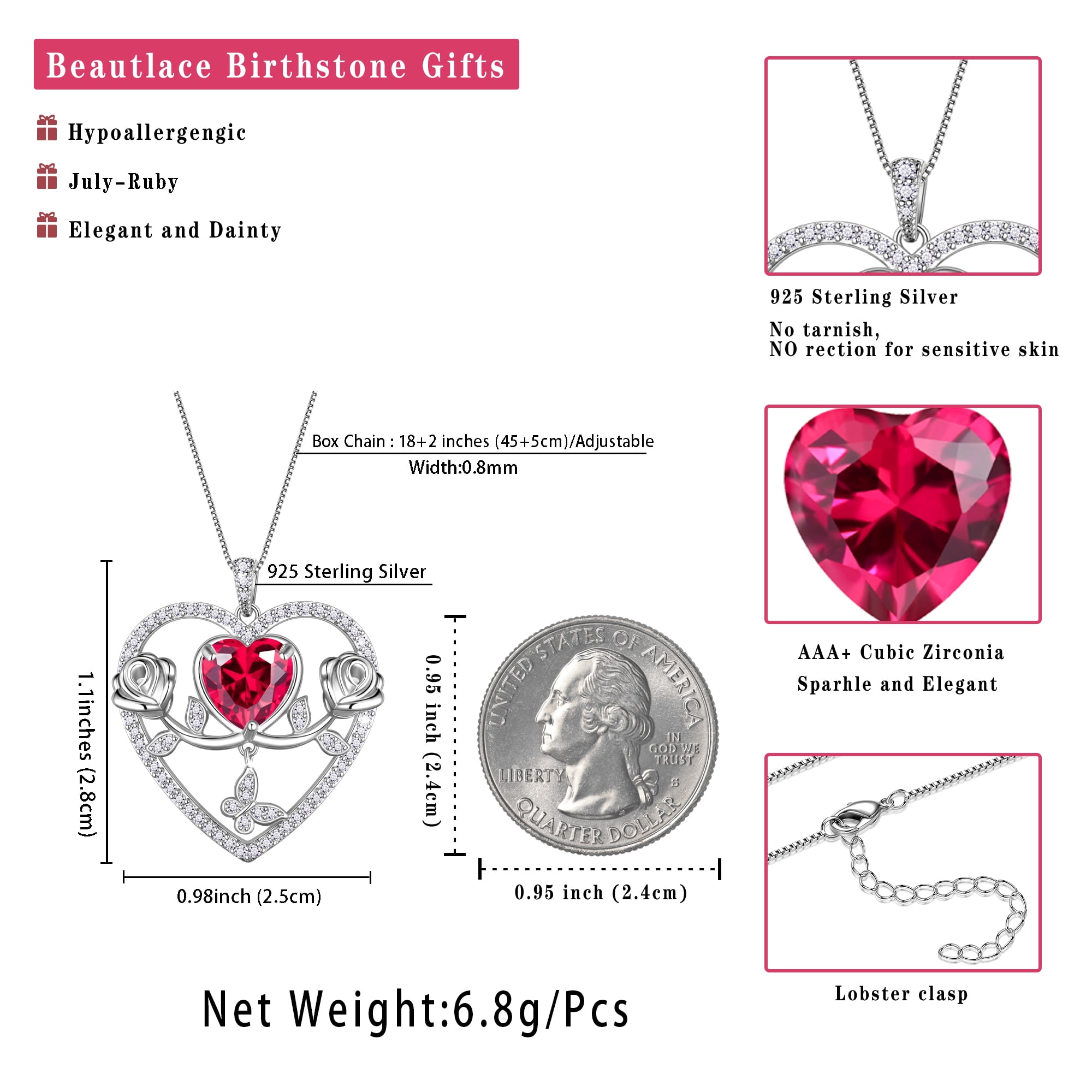 Beautlace 925 Sterling Silver Rose Heart Necklace,Butterfly Flower Pendant Necklace Jewelry Birthday Christmas Valentines Mother's Day Gifts for Women Mom Wife -July