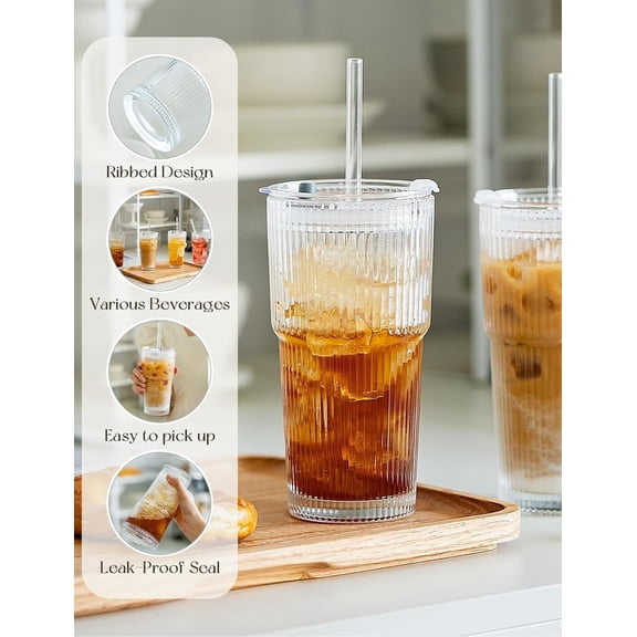 20 oz Ribbed Glass Tumbler with Lid & Glass Straw - Thick Wall Vintage Iced Coffee Cup, Reusable Clear Drinking Glass for Smoothies, Cocktails, Juice, 1 Pack