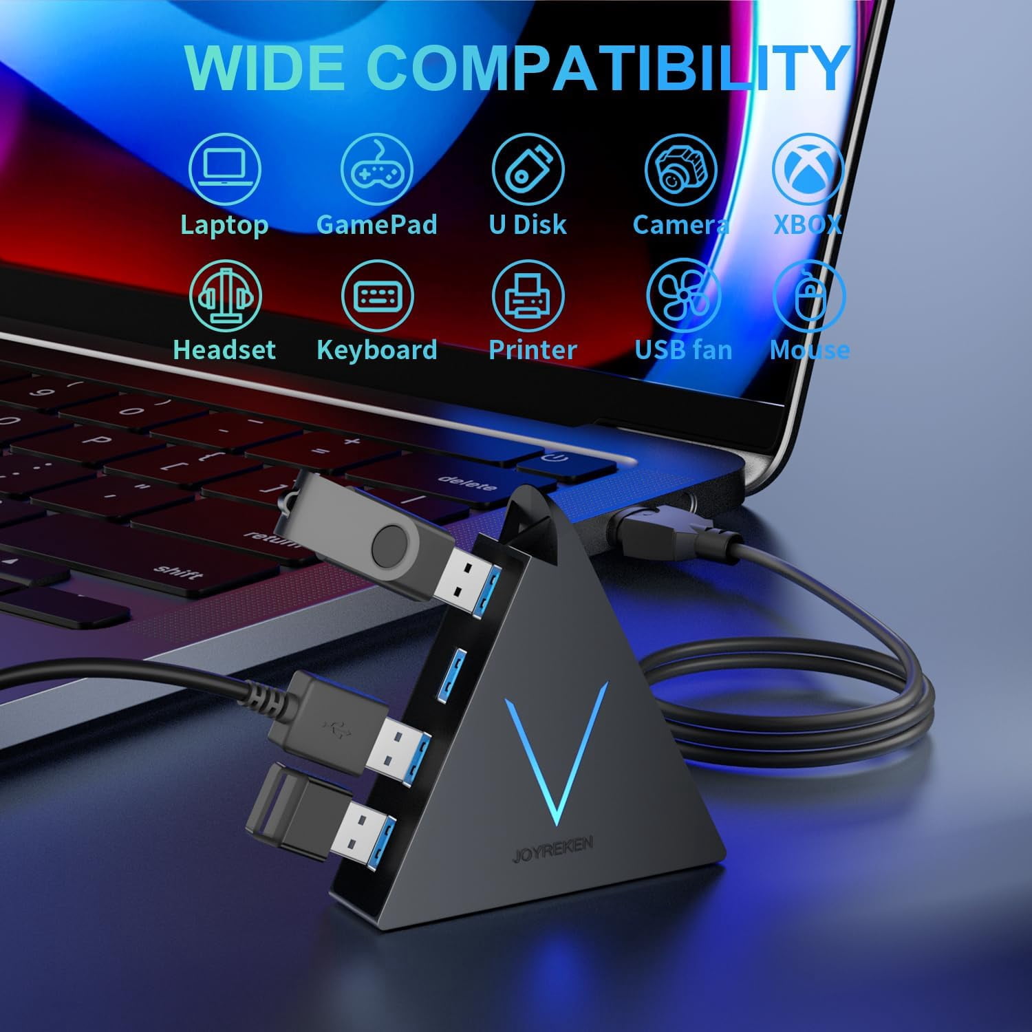 4-Port USB 3.0 Hub, FlyingVHUB USB Hub Tower with 2 ft Extended Cable,USB Splitter for Laptop,PC,PS4,PS5,Xbox,Mouse,Keyboard, Flash Drive, U-Disk (Black)