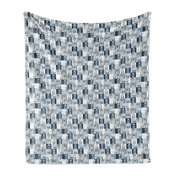 Scandinavian Soft Flannel Fleece Blanket, Retro Style Blue Tone Flourishing Nature Composition Checkered Squares Pattern, Cozy Plush for Indoor and Outdoor Use, 50" x 70", Multicolor, by Ambesonne