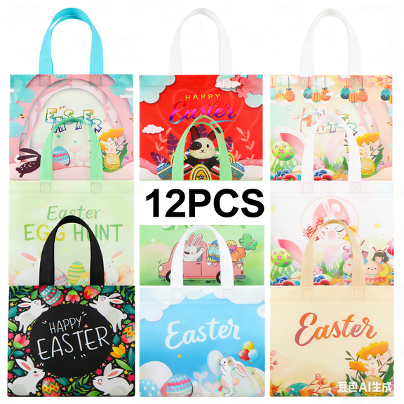 chaungfeng Happy Easter Gift Bags with Handles - Reusable Easter Egg Hunt Bag, Multifunctional Non-Woven Spring Tote Goodie Bags for Easter Gifts Wrapping, Party Supplies, 12PCS