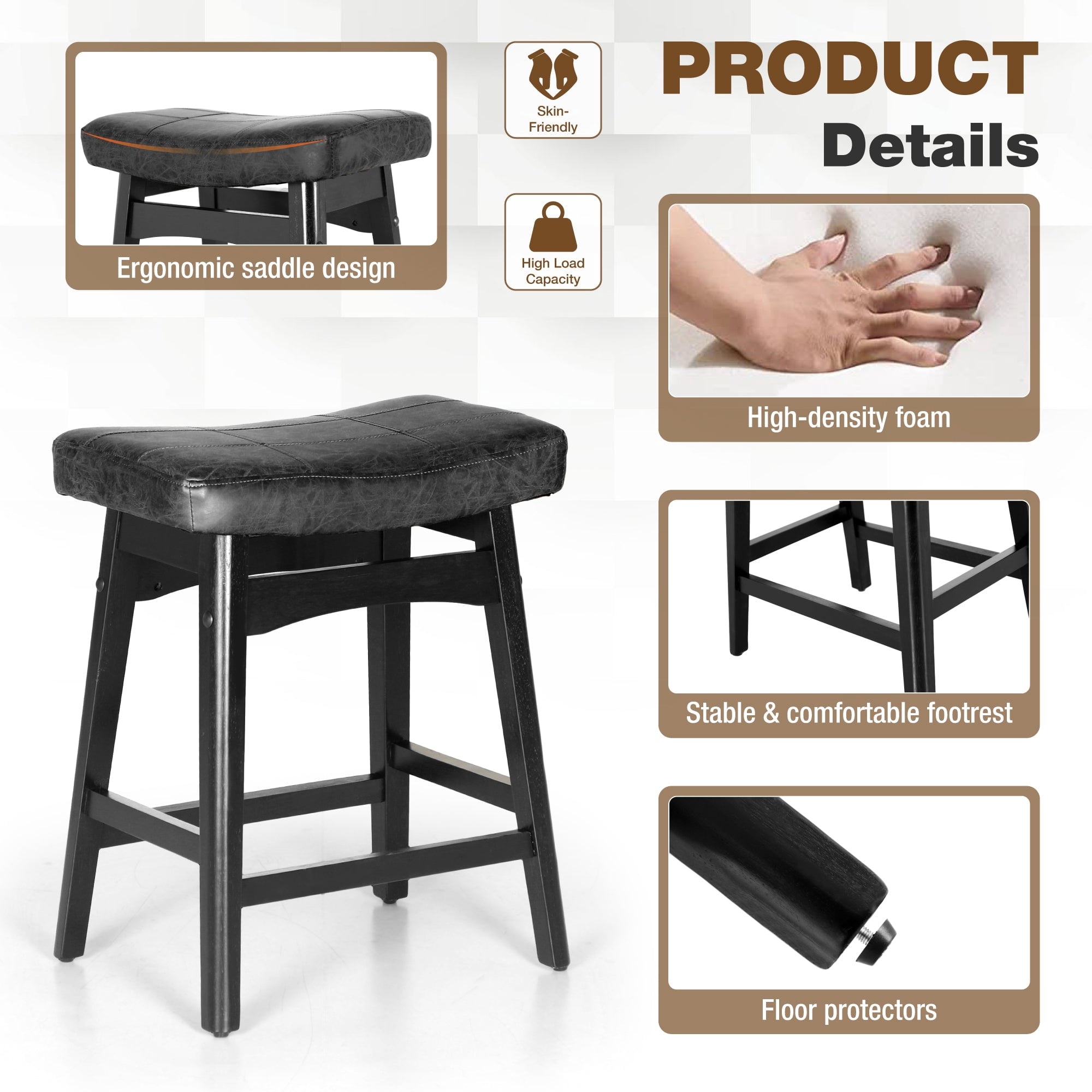Summit Living 24 inch Wooden Saddle Counter Stool Set of 2 for Kitchen, Faux Leather Backless Bar Stool, Black