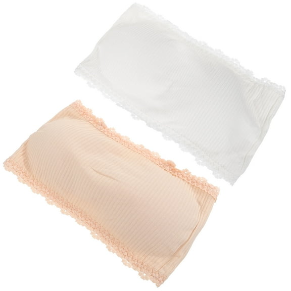 EXHUMKY 2pcs Women's Lace Bandeau Bras Comfortable Soft Stretchy White Tube