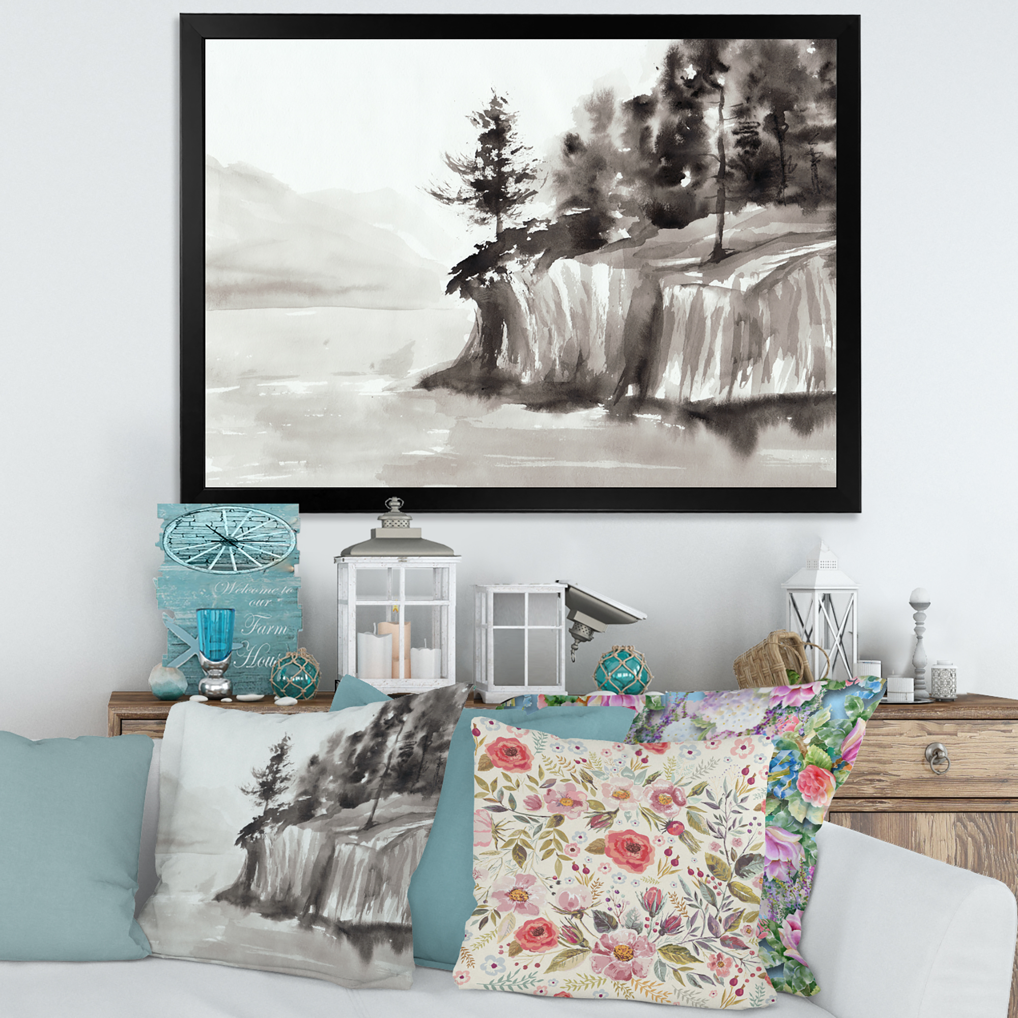 Designart 'Black & White Cliffs By The Lake' Nautical & Coastal Framed Art Print