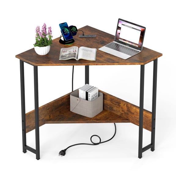 Costway Triangle Computer Desk Corner Desk Home Office w/Power Outlets USB Ports Rustic